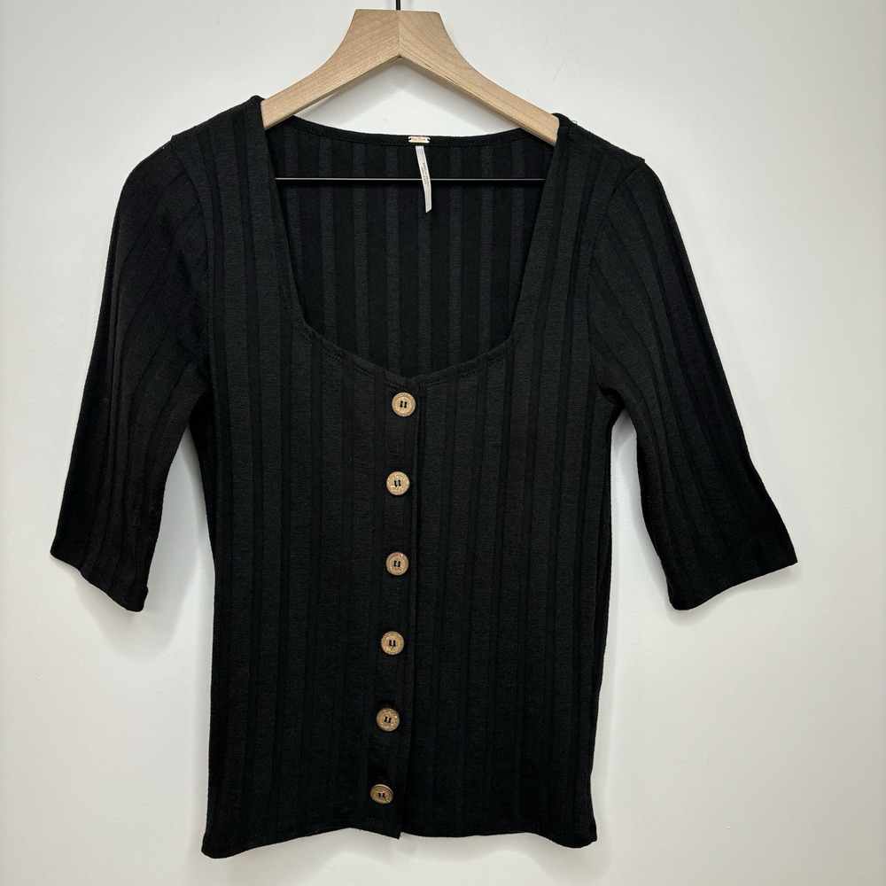 Free People Central Park Cardi Top‎ Large Black Ribbed Knit Button Down Sweater